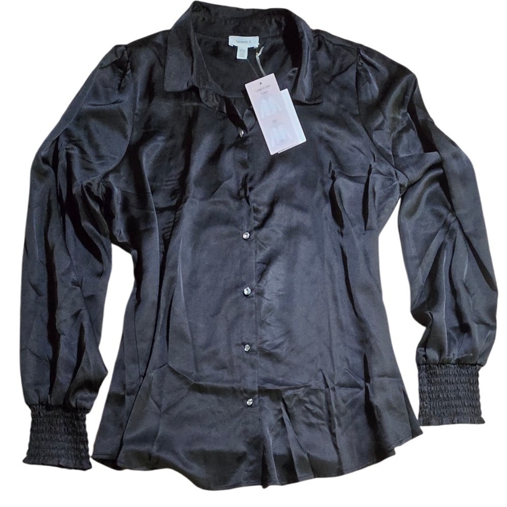 Tamara H.‎ Button Down Top Long Sleeve Black blouse Smocked Cuffs Plus 18 20
